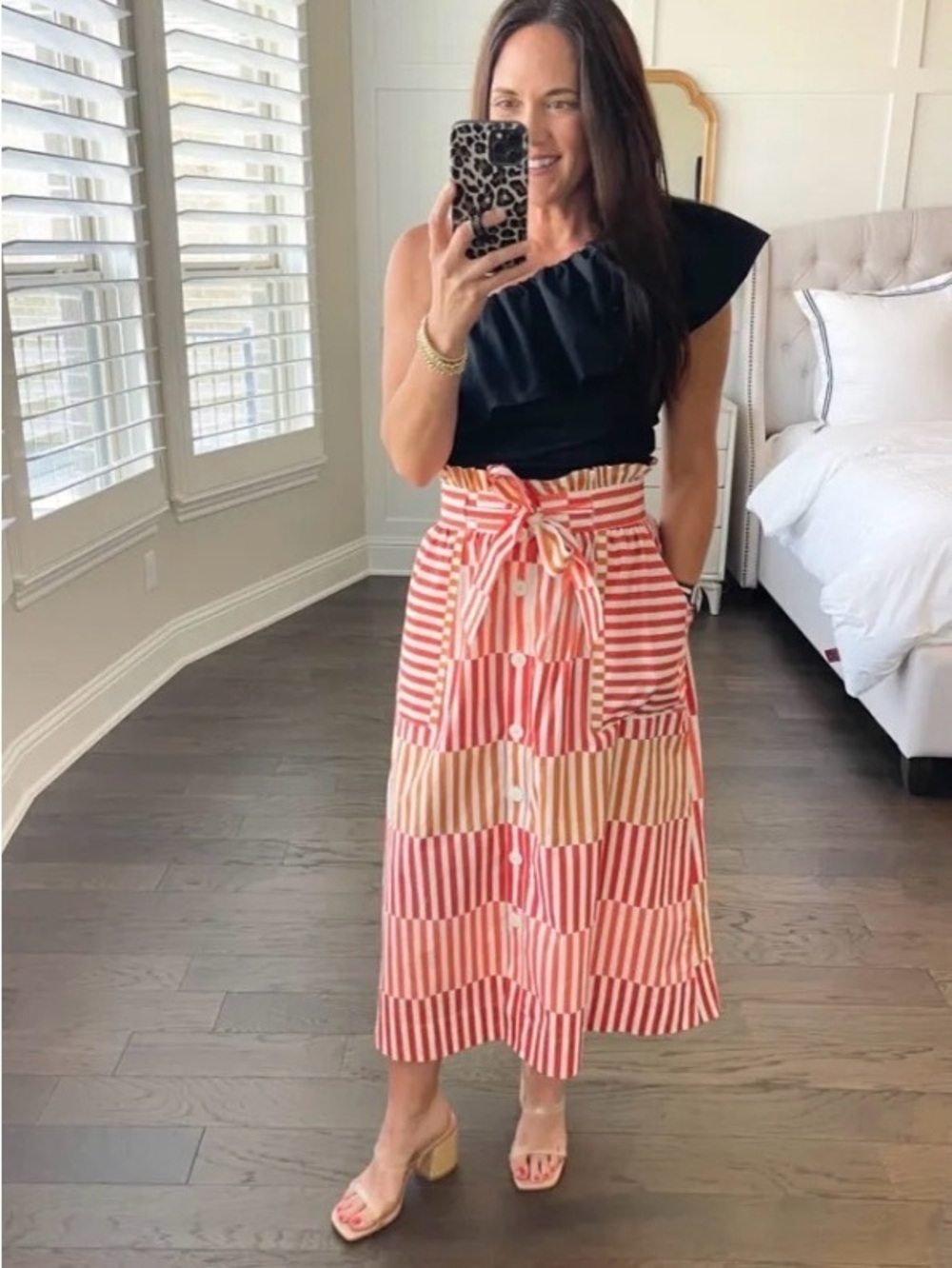 Who What Wear Red and Cream Striped Patchwork Paperbag Waist Skirt